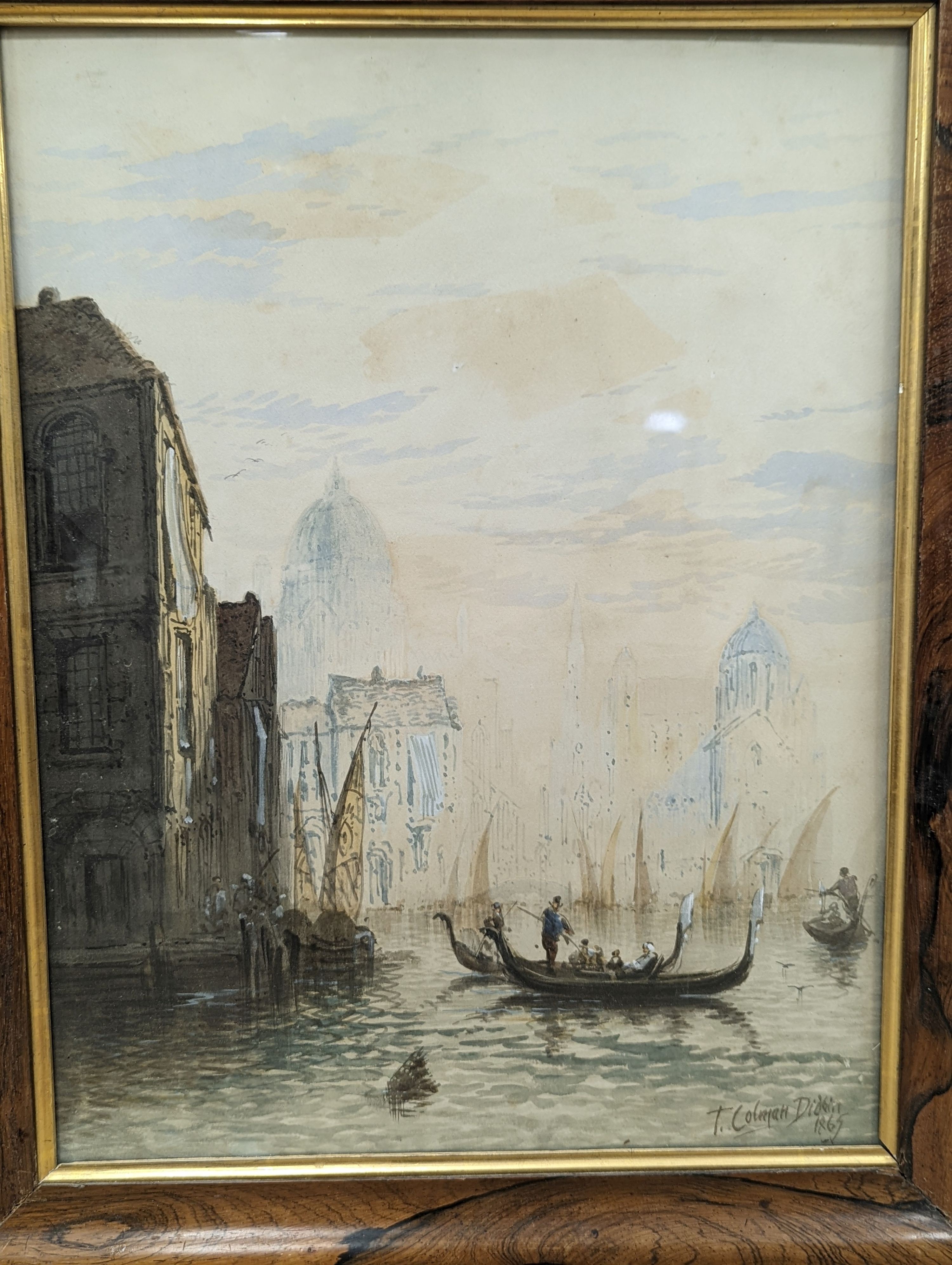 T. Colman Dibdin (1810-1893), pair of watercolours, Venetian canal scene and French street scene, 1865, signed and dated, rosewood frames, 44.5 x 34.5cm